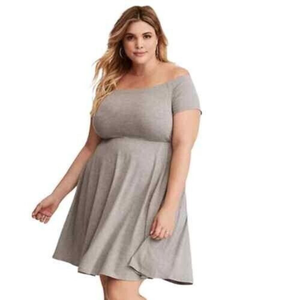 Torrid Skater Dress 1X Gray Off Shoulder Flowy‎ A-Line Jersey Stretch Knit New